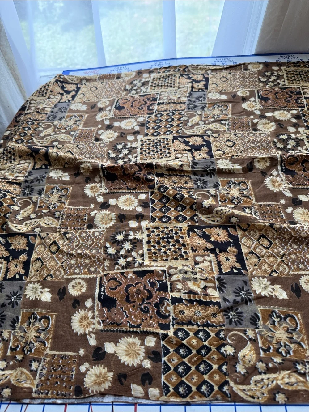 Vintage 1970s Patchwork Print Fabric Brown Floral Paisley 4+ Yards x 50